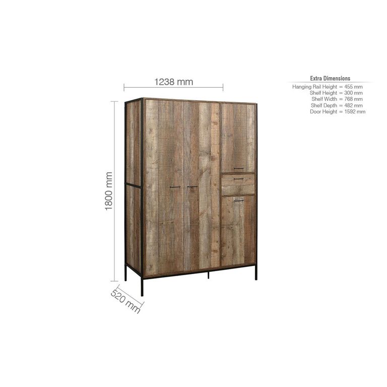 Urban Industrial Style Wardrobe - 4 Door 1 Drawer - Rustic Wood