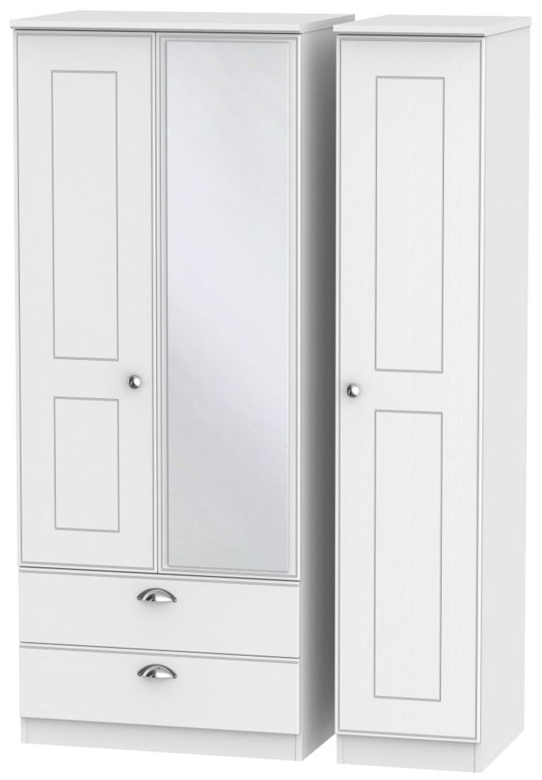 Victoria White 3 Door Combi Wardrobe - 1 Mirror and LHF 2 Drawers