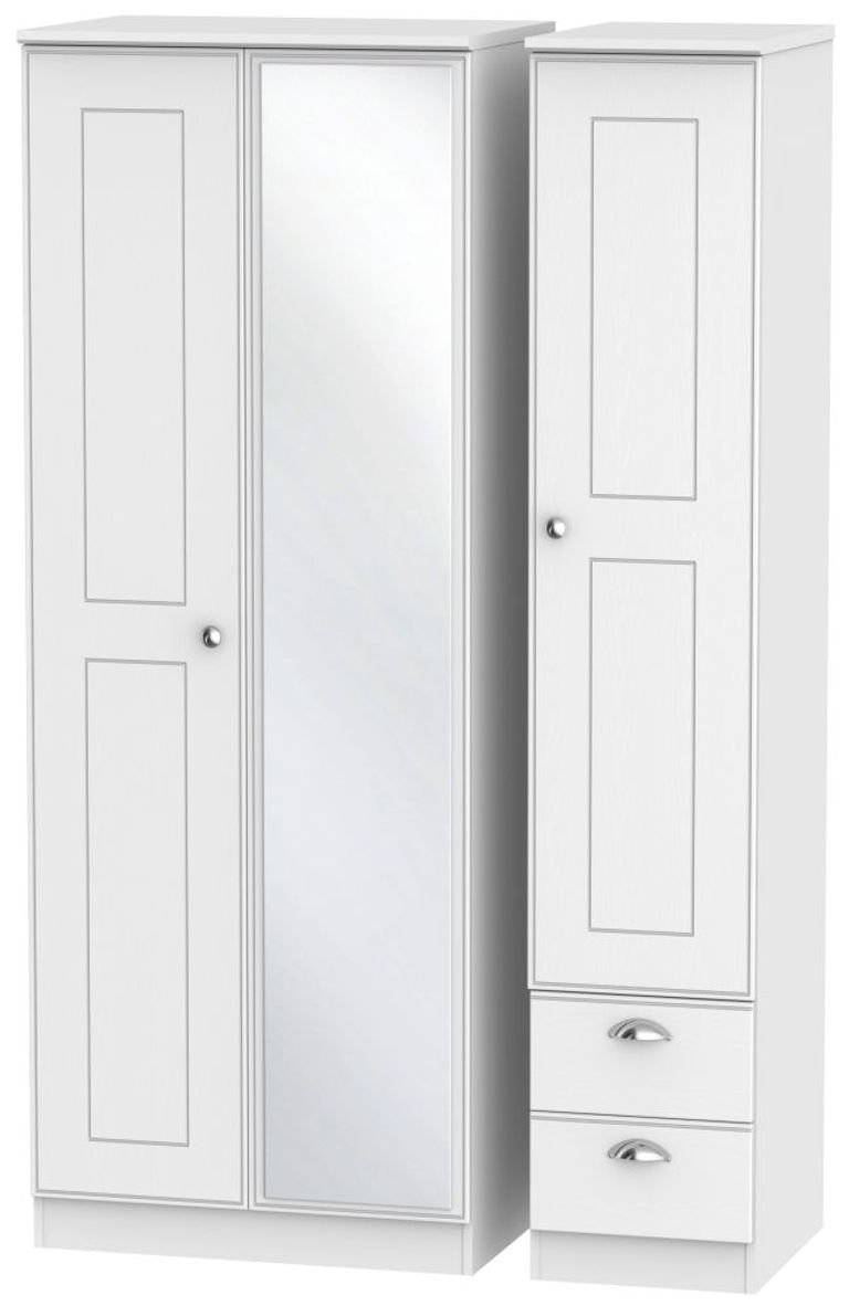 Victoria White 3 Door Tall Combi Wardrobe - 1 Mirror and RHF 2 Drawers