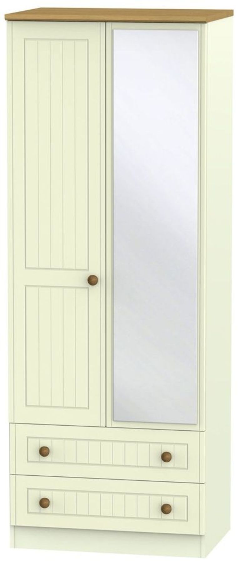 Warwick Cream and Oak 2 Door Tall Combi Wardrobe - 1 Mirror