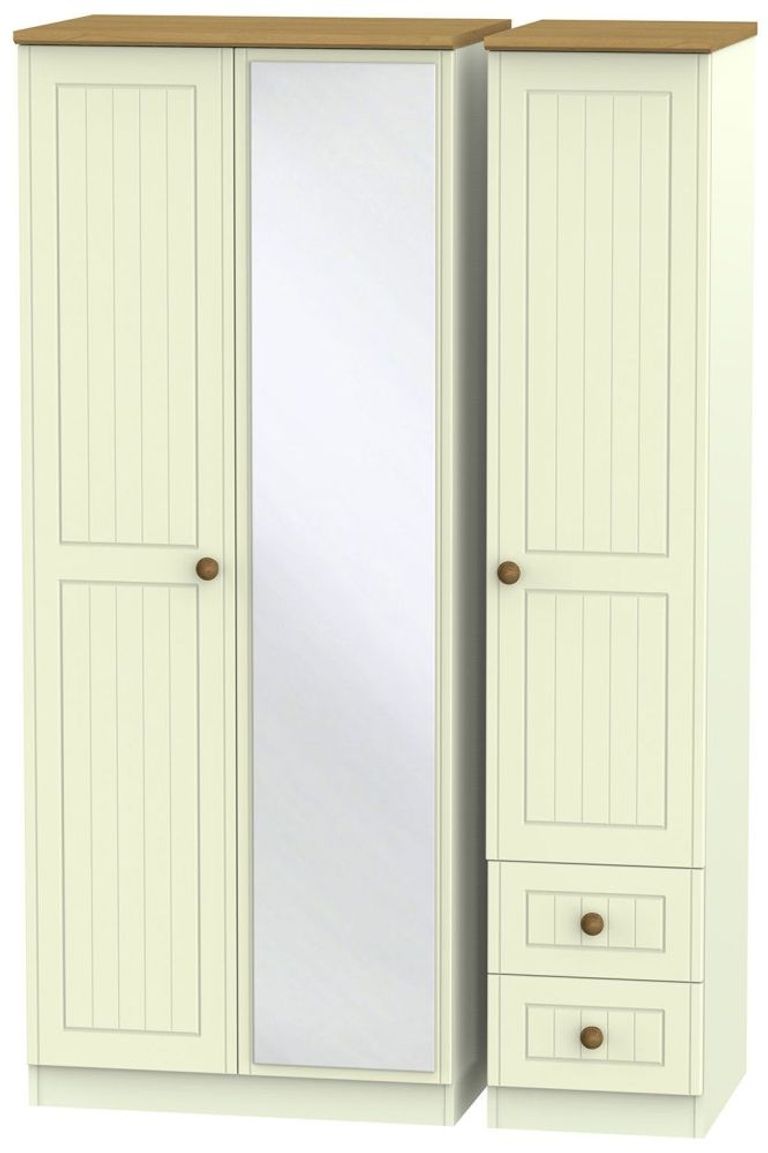 Warwick Cream and Oak 3 Door Combi Wardrobe - 1 Mirror and RHF 2 Drawers