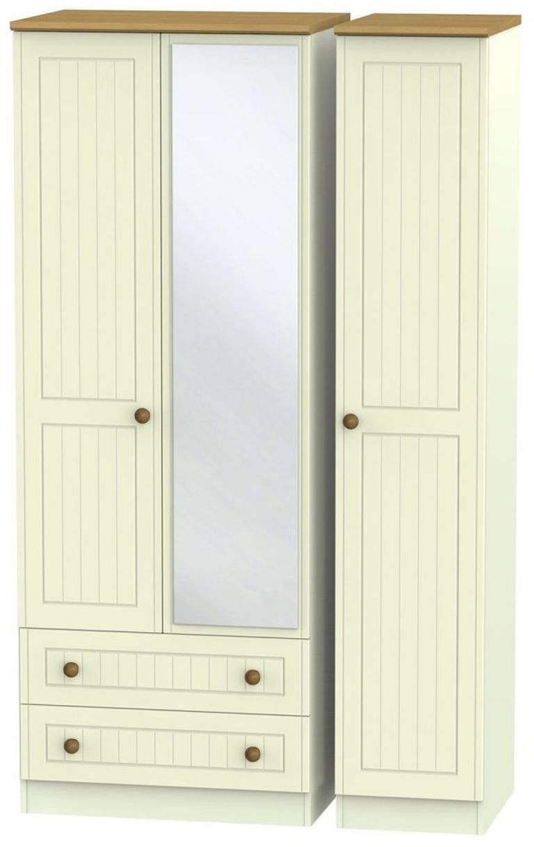 Warwick Cream and Oak 3 Door Tall Combi Wardrobe - 1 Mirror and LHF 2 Drawers