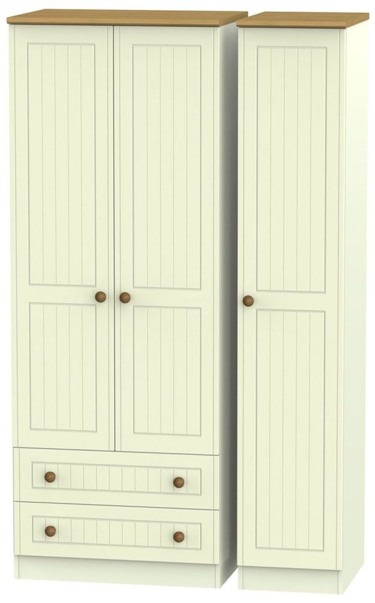 Warwick Cream and Oak 3 Door Tall Triple Wardrobe - LHF 2 Drawers