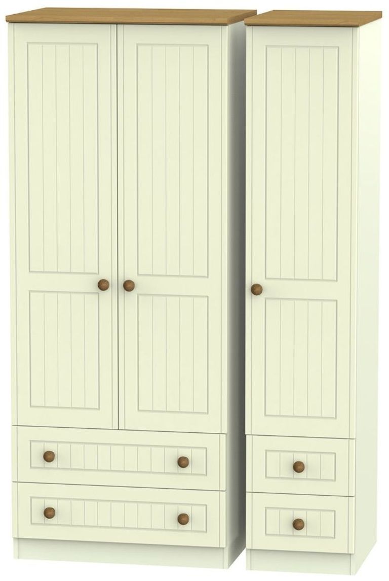 Warwick Cream and Oak 3 Door Triple Wardrobe - 4 Drawers
