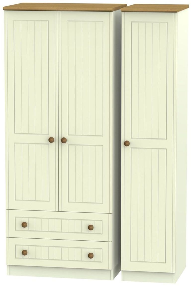 Warwick Cream and Oak 3 Door Triple Wardrobe - LHF 2 Drawers