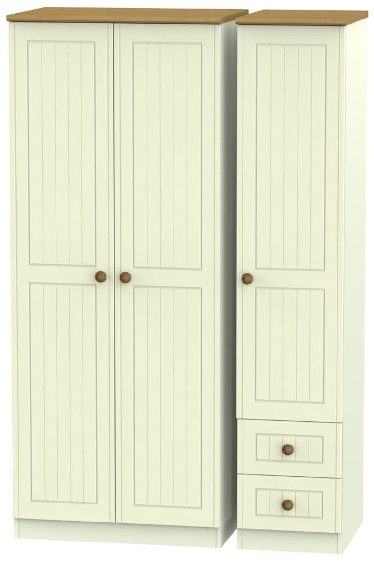 Warwick Cream and Oak 3 Door Triple Wardrobe - RHF 2 Drawers