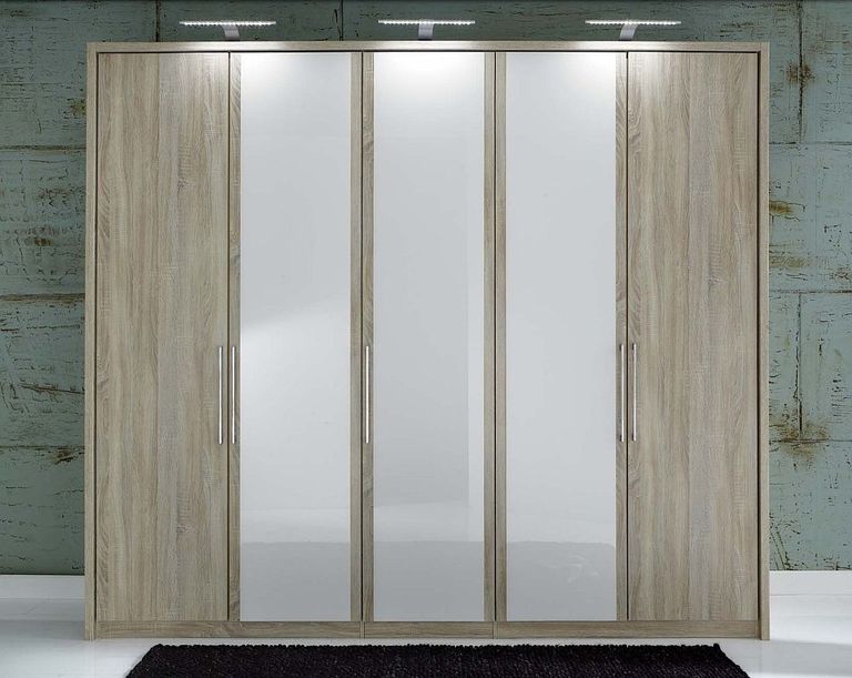 Berlin Oak and White Wardrobe - 5 Door Glass