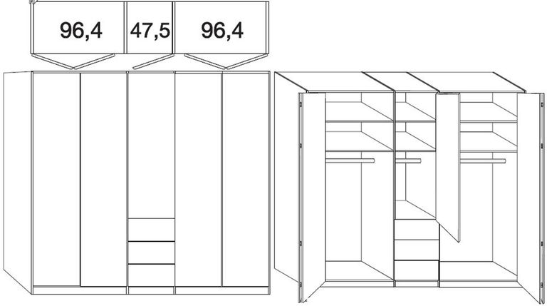 Loft Wardrobe - 5 Door Bi Fold - Grey Glass and Oak Carcase - 3 Drawers