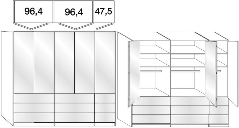 Loft Wardrobe - 5 Door Bi Fold - Grey Glass and Oak Carcase - 9 Drawers