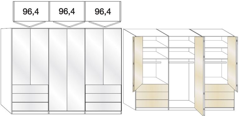 Loft Wardrobe - 6 Door Bi Fold - Magnolia Glass and Oak Carcase - 6 Drawers
