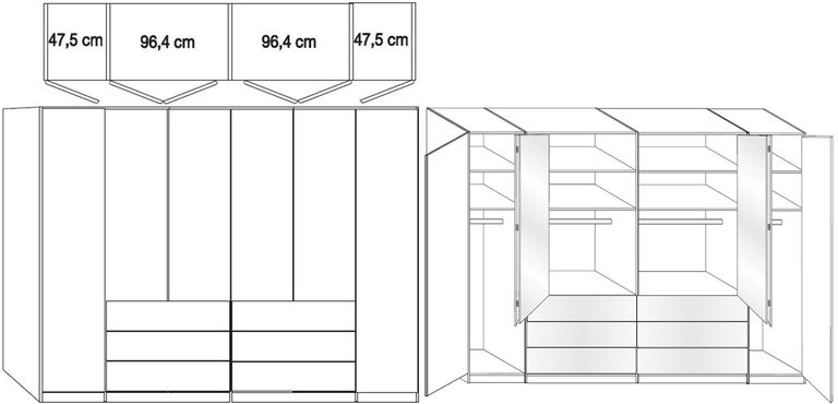 Loft Wardrobe - 6 Door Bi Fold - White Glass and Oak Carcase - 6 Drawers