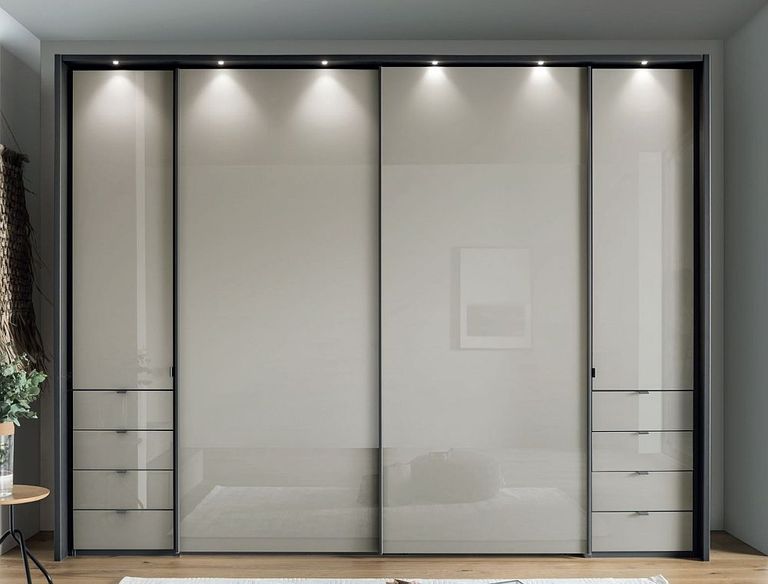 Nizza Sliding Wardrobe - 4 Door - Champagne Glass and Havana Carcase - 8 Drawers