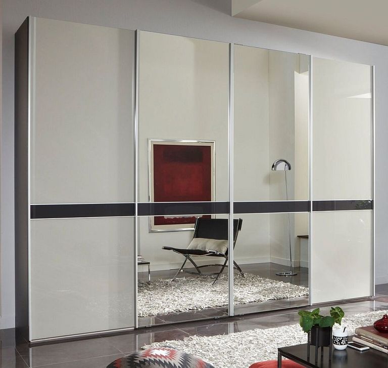 Rialto Sliding Wardrobe - 4 Door Mirror - White Glass and Graphite Trim - 300cm