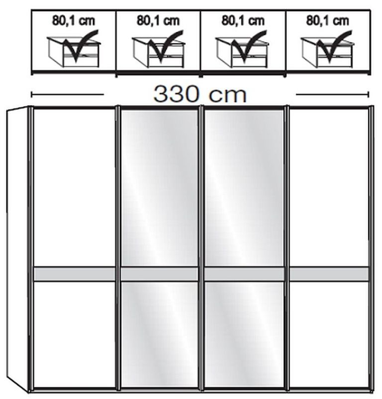 Rialto Sliding Wardrobe - 4 Door Mirror - White Glass and Graphite Trim - 330cm