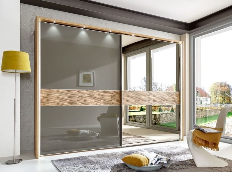 Wega Sliding Wardrobe - 2 Door Mirror - Oak and Havana Glass - RH