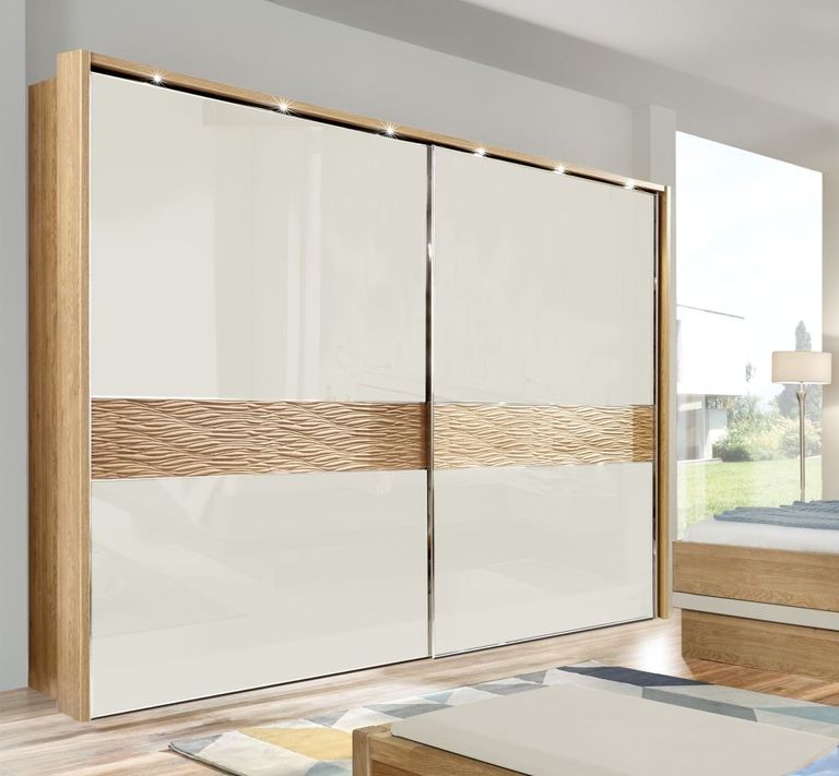 Wega Sliding Wardrobe - 2 Door - Oak and Champagne Glass