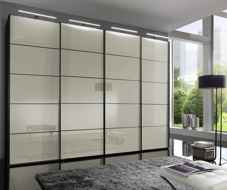 Westside Sliding Wardrobe - 4 Door - Magnolia Glass - Black Carcase