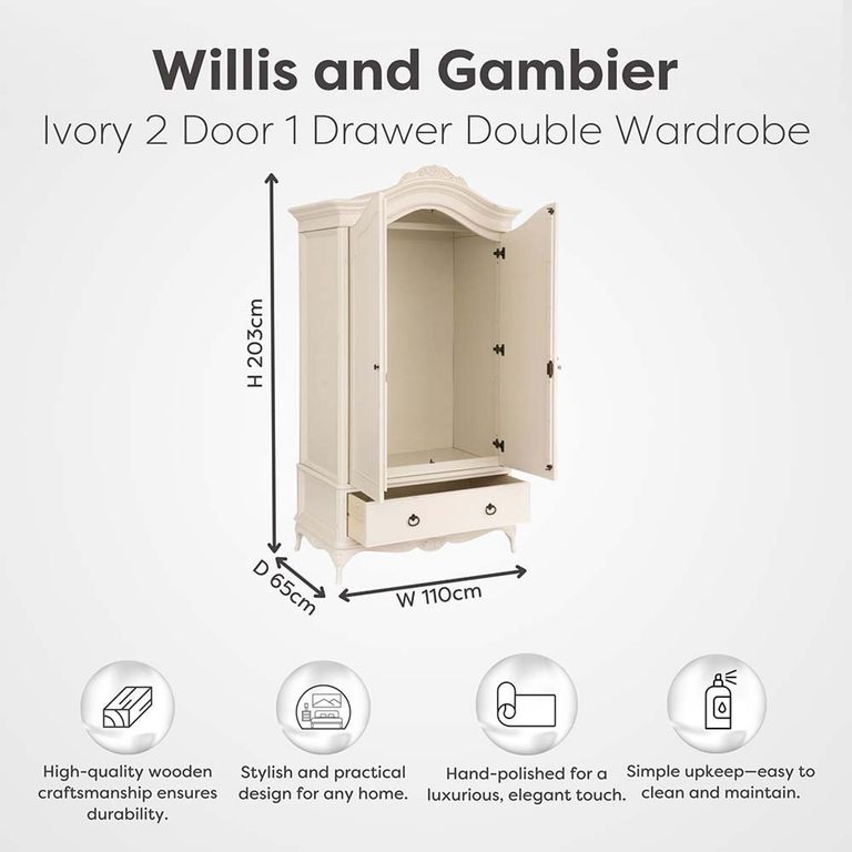 Ivory Wardrobe - 2 Door - 1 Drawer