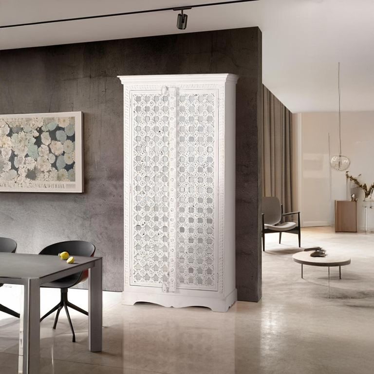 Yakima Wardrobe - 2 Door - White Carved - Mango Wood