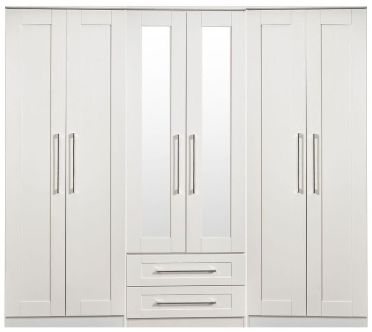 York White 6 Door Tall Mirror Combi Wardrobe