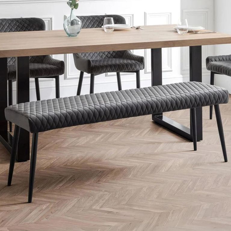 Luxe Dining Bench - Grey Velvet and Black - Fabric and Metal