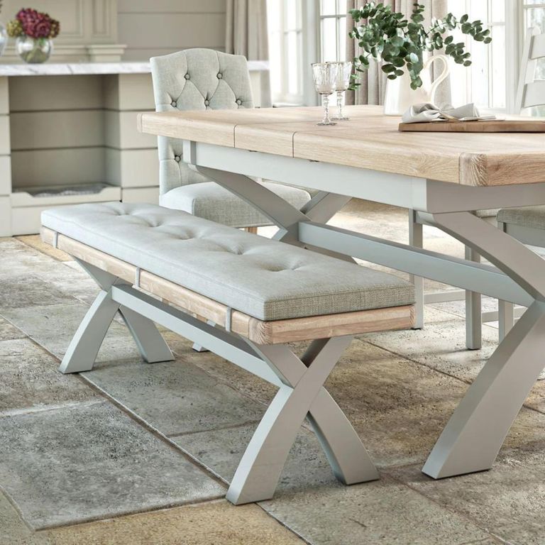 Salcombe Dining Bench with Cross Leg - Grey Oak -  Beige Fabric