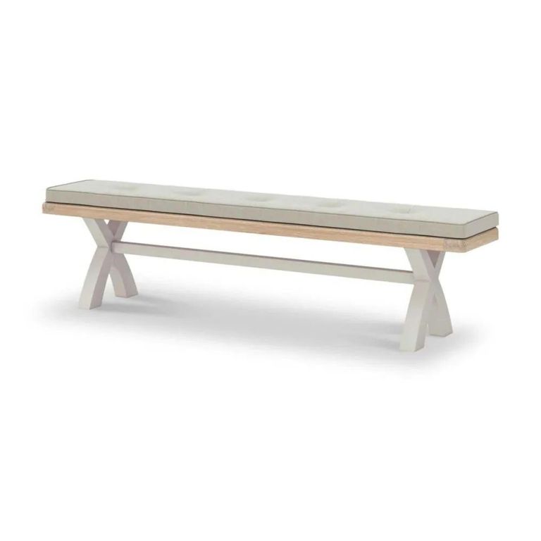 Salcombe Dining Bench with Cross Leg - Grey Oak -  Beige Fabric