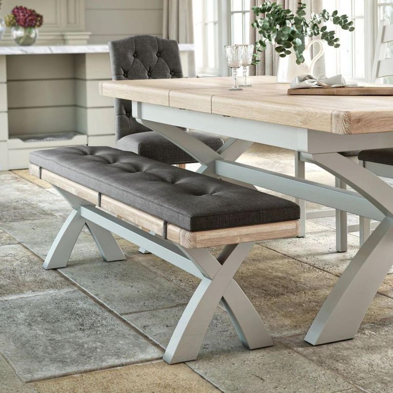 Salcombe Dining Bench with Cross Leg  - Grey Oak - Charcoal Fabric