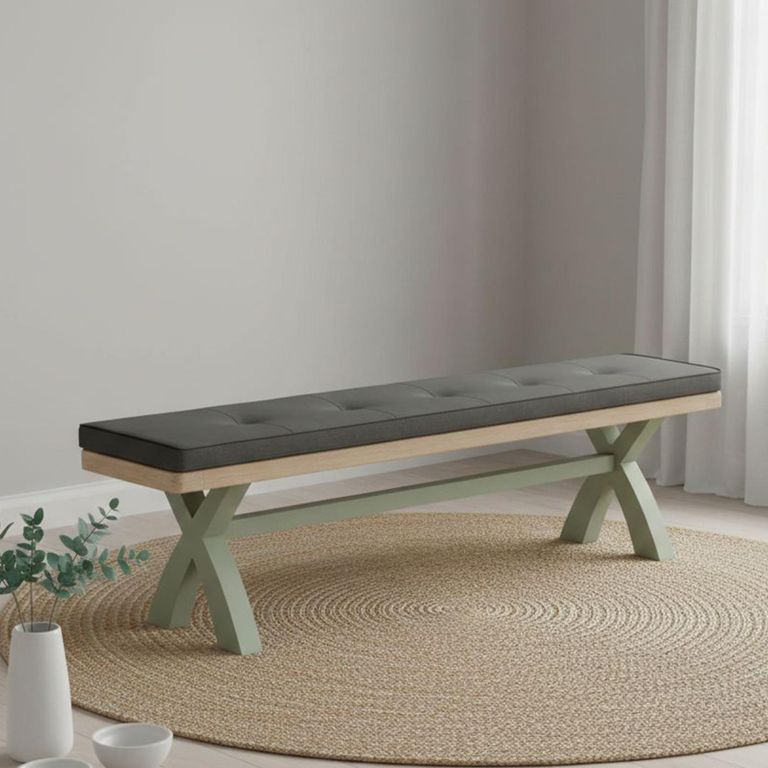 Salcombe Dining Bench with Cross Leg - Sage Oak - Charcoal Fabric