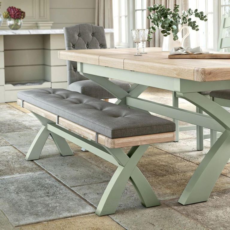 Salcombe Dining Bench with Cross Leg - Sage Oak - Grey Fabric