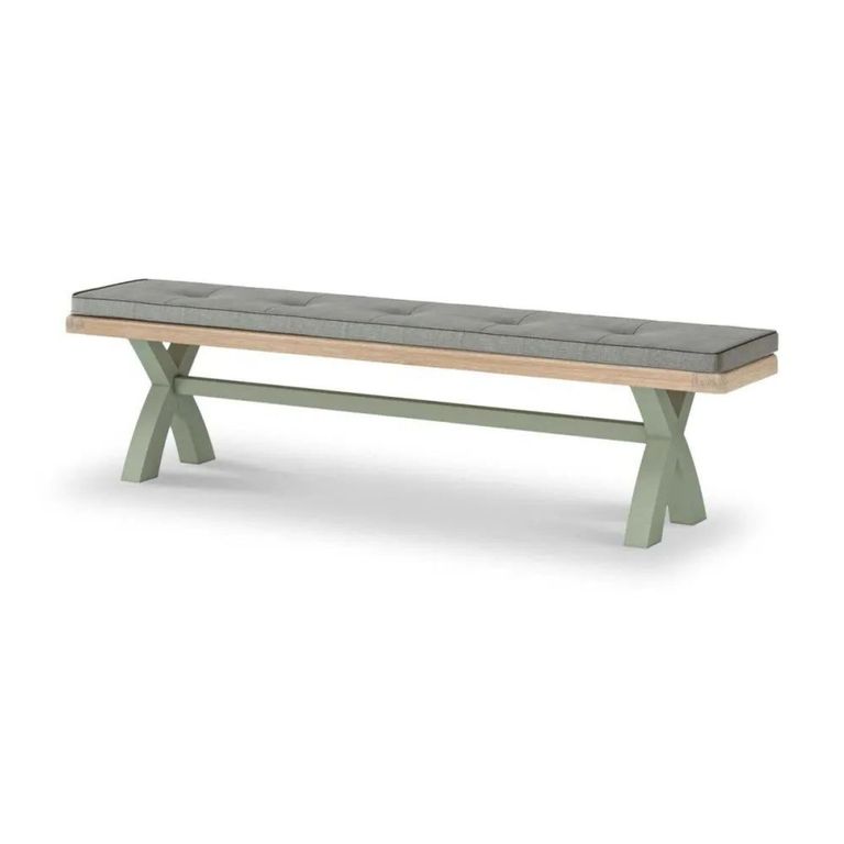 Salcombe Dining Bench with Cross Leg - Sage Oak - Grey Fabric