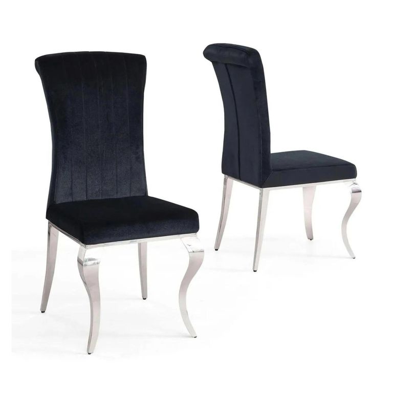 Louis Black Velvet Fabric Dining Chair with Chrome Legs