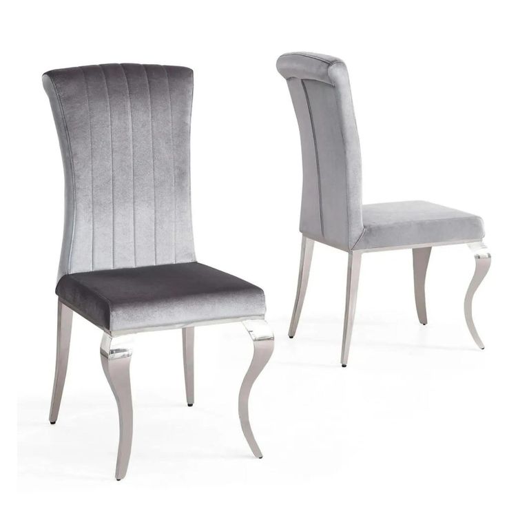 Louis Grey Velvet Fabric Dining Chair with Chrome Legs