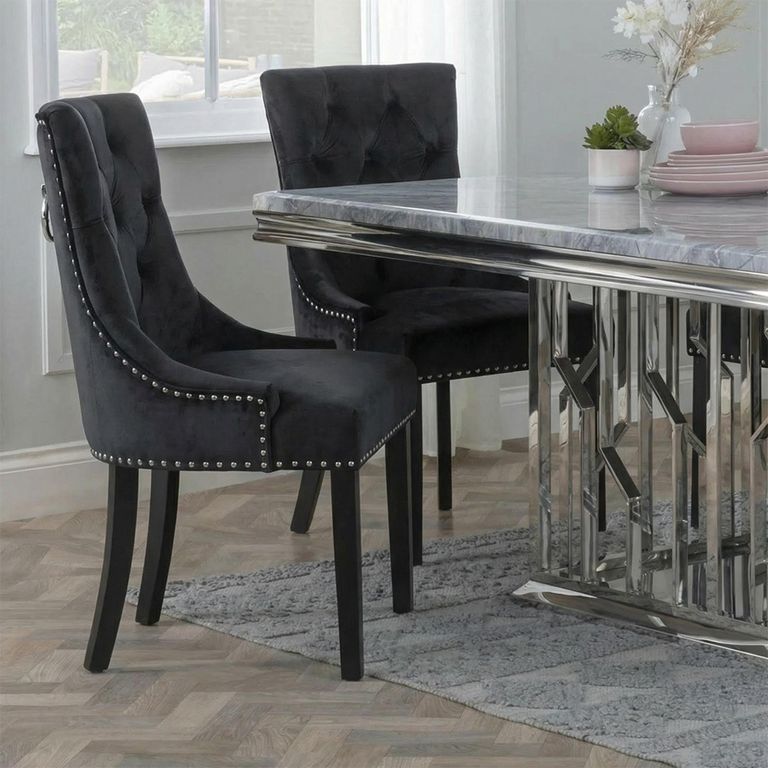 Knocker Back Dining Chair - Black Velvet Fabric - Black Wooden Legs