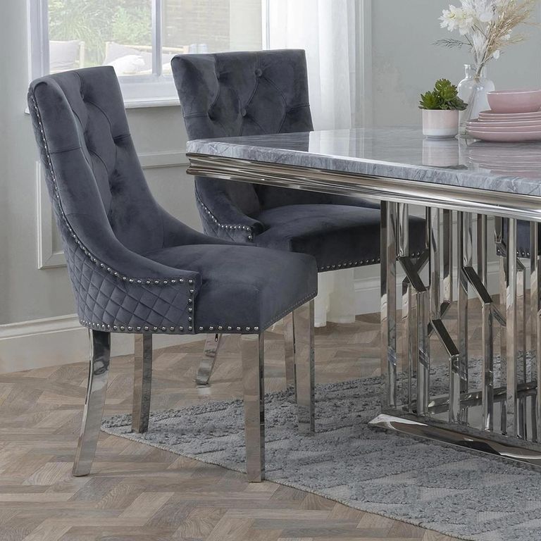 Lion Knocker Back Dining Chair - Grey Velvet Fabric - Chrome Legs