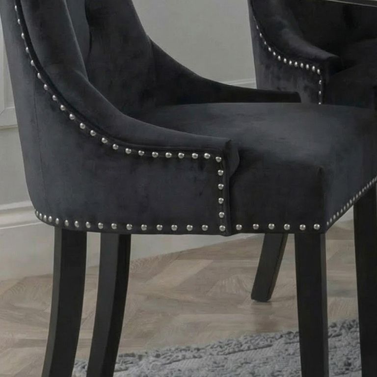 Knocker Back Dining Chair - Black Velvet Fabric - Black Wooden Legs