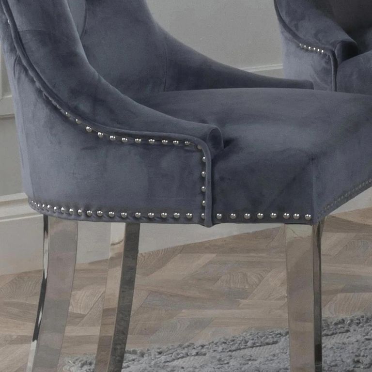 Knocker Back Dining Chair - Grey Velvet Fabric - Chrome Legs