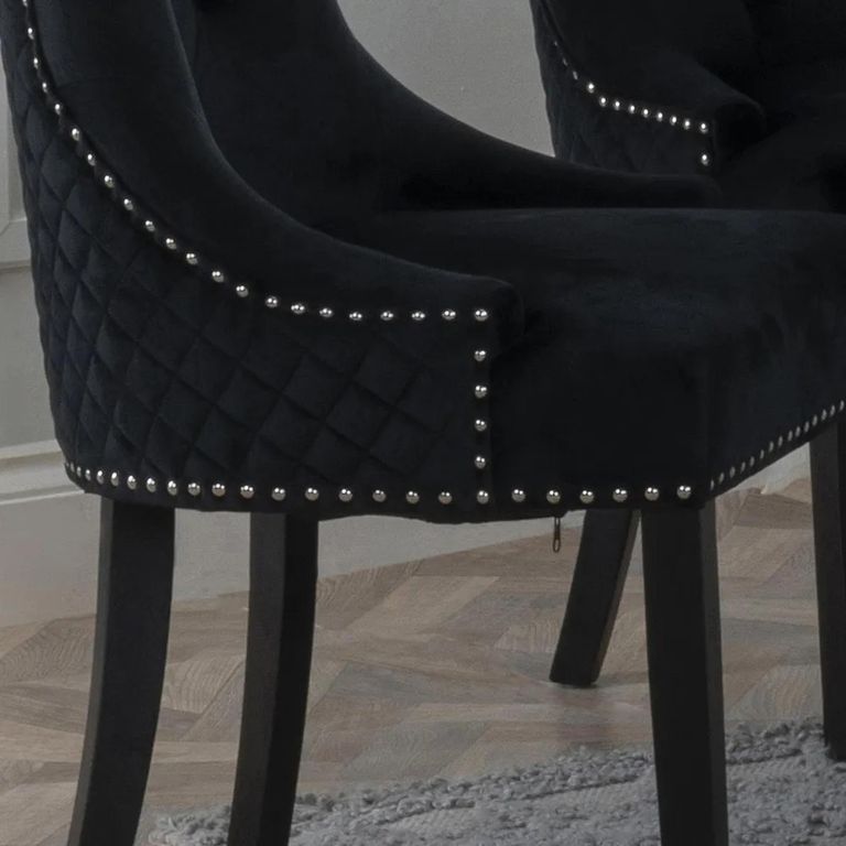 Lion Knocker Back Dining Chair - Black Velvet Fabric - Black Wooden Legs
