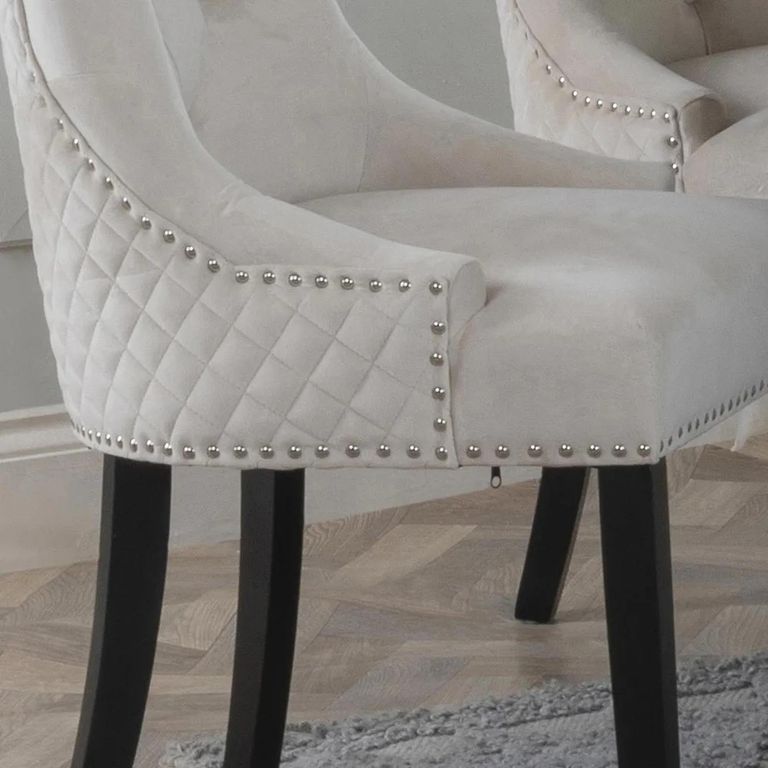 Lion Knocker Back Dining Chair - Champagne Velvet Fabric - Black Wooden Legs