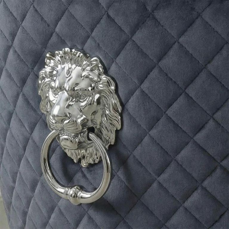 Lion Knocker Back Dining Chair - Grey Velvet Fabric - Black Wooden Legs