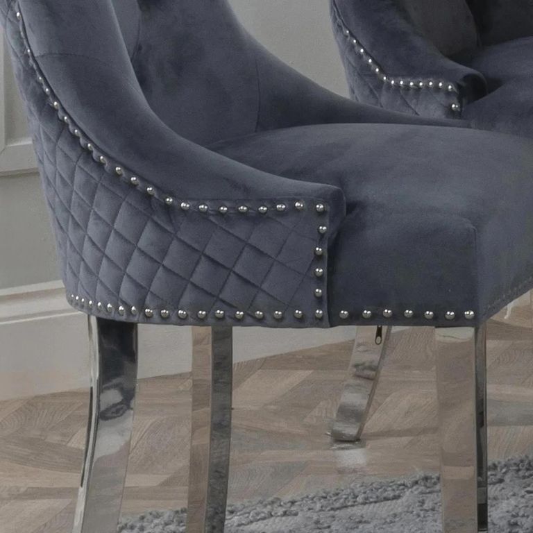 Lion Knocker Back Dining Chair - Grey Velvet Fabric - Chrome Legs