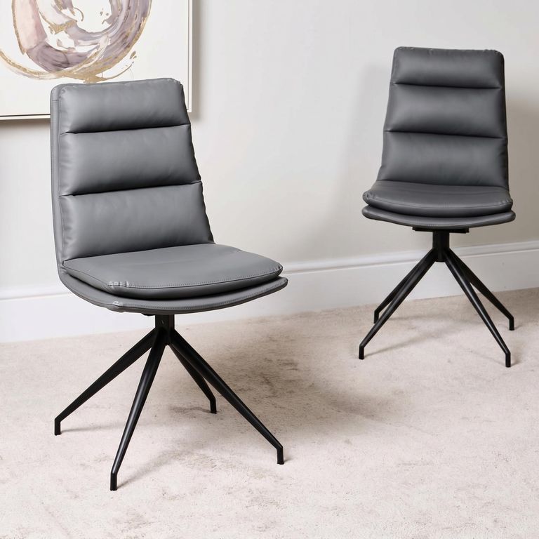 Nobo Swivel Dining Chair - Set of 2 - Grey Faux Leather - Black Legs