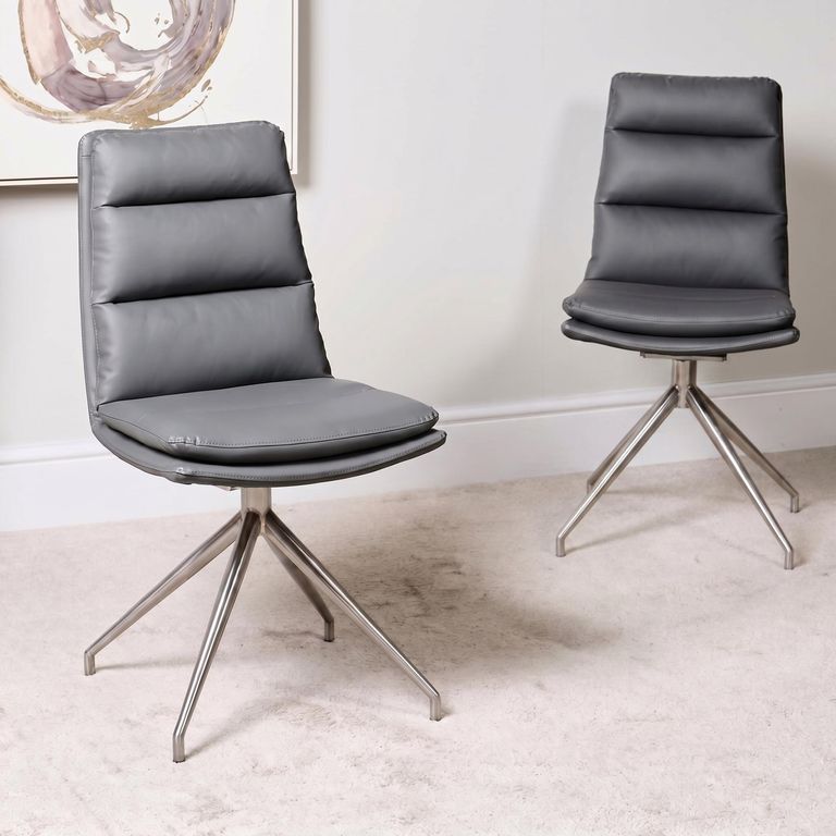 Nobo Swivel Dining Chair - Set of 2 - Grey Faux Leather - Chrome Legs