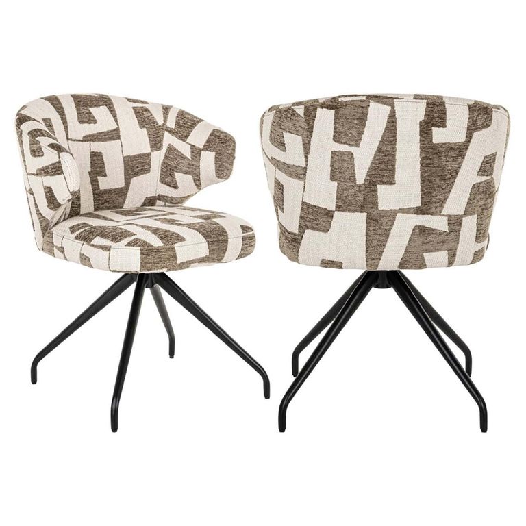 Milly Moss Fabric Graffic Swivel Dining Chair with Black Legs