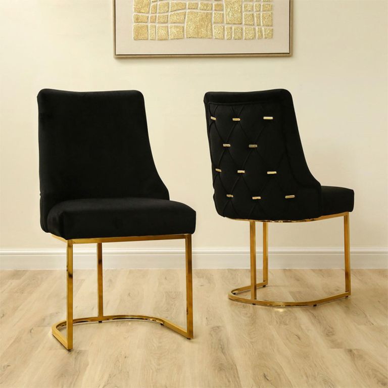 Casas Dining Chair - Set of 2 - Black Velvet Fabric - Gold Legs