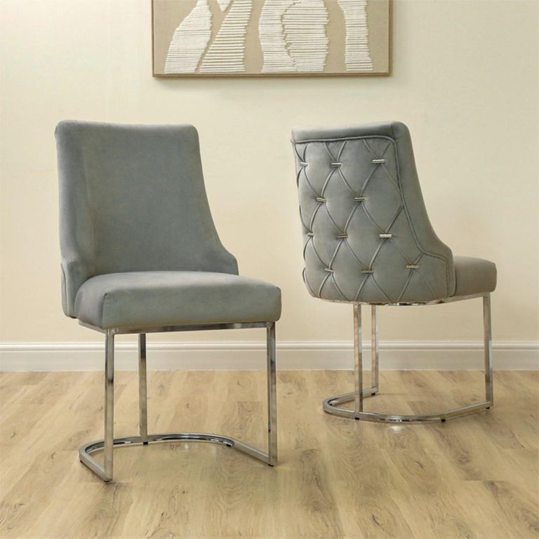 Casas Dining Chair - Set of 2 - Grey Velvet Fabric - Chrome Legs