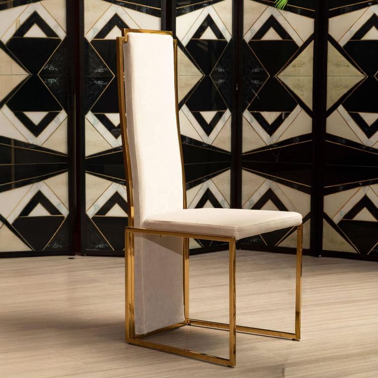 Deana Dining Chair - High Back - Set of 2 - White Fabric with Gold Metal