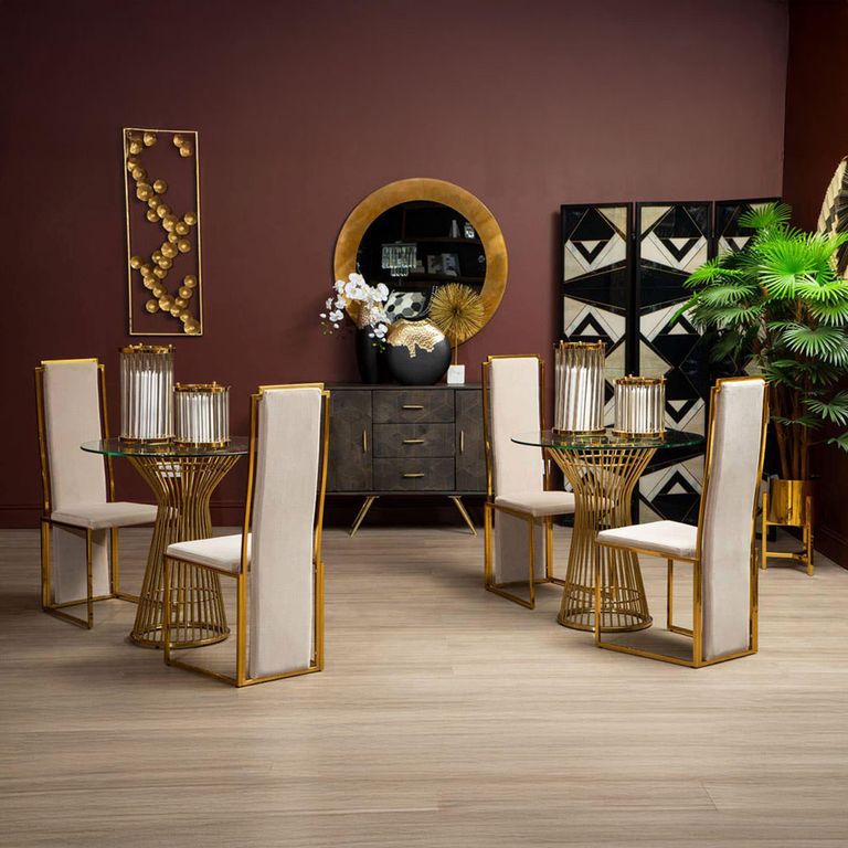 Deana Dining Chair - High Back - Set of 2 - White Fabric with Gold Metal