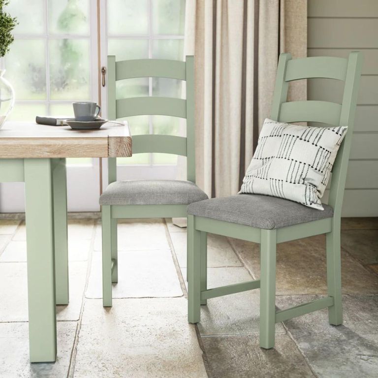 Salcombe Dining Chair - Set of 2 - Ladder Back - Sage Oak - Grey Fabric