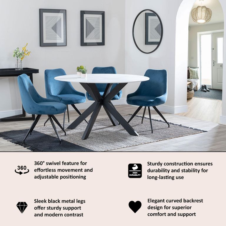 Arctic Blue Velvet Fabric Swivel Dining Chair with Black Legs